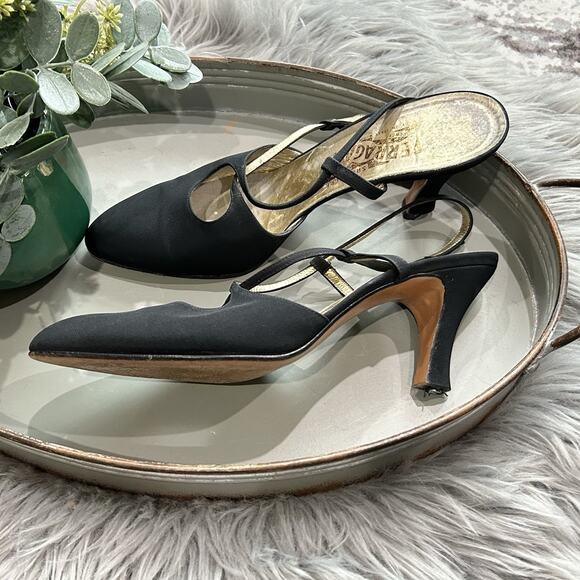 VTG Salvatore Ferragamo Women's Black Nylon Strappy Heels Size 8.5 Made In Italy - Picture 9 of 13